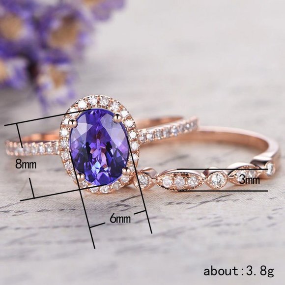*NEW 18K Rose Gold Amethyst Diamond Halo Ring Set - Picture 3 of 5